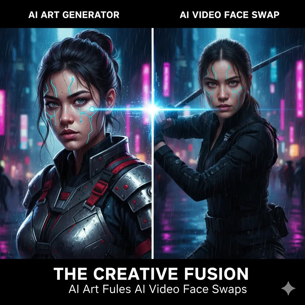 A split-screen image demonstrating the creative fusion of AI. The left panel, labeled 'AI Art Generator,' shows a generated portrait of a cyberpunk woman. The right panel, labeled 'AI Video Face Swap,' shows her face swapped onto an action scene.