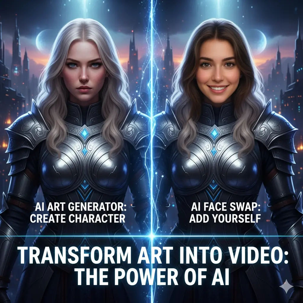 A visual guide showing a fantasy warrior created by an AI art generator, with a real person's face seamlessly swapped onto it, demonstrating the ai face swap process for video.