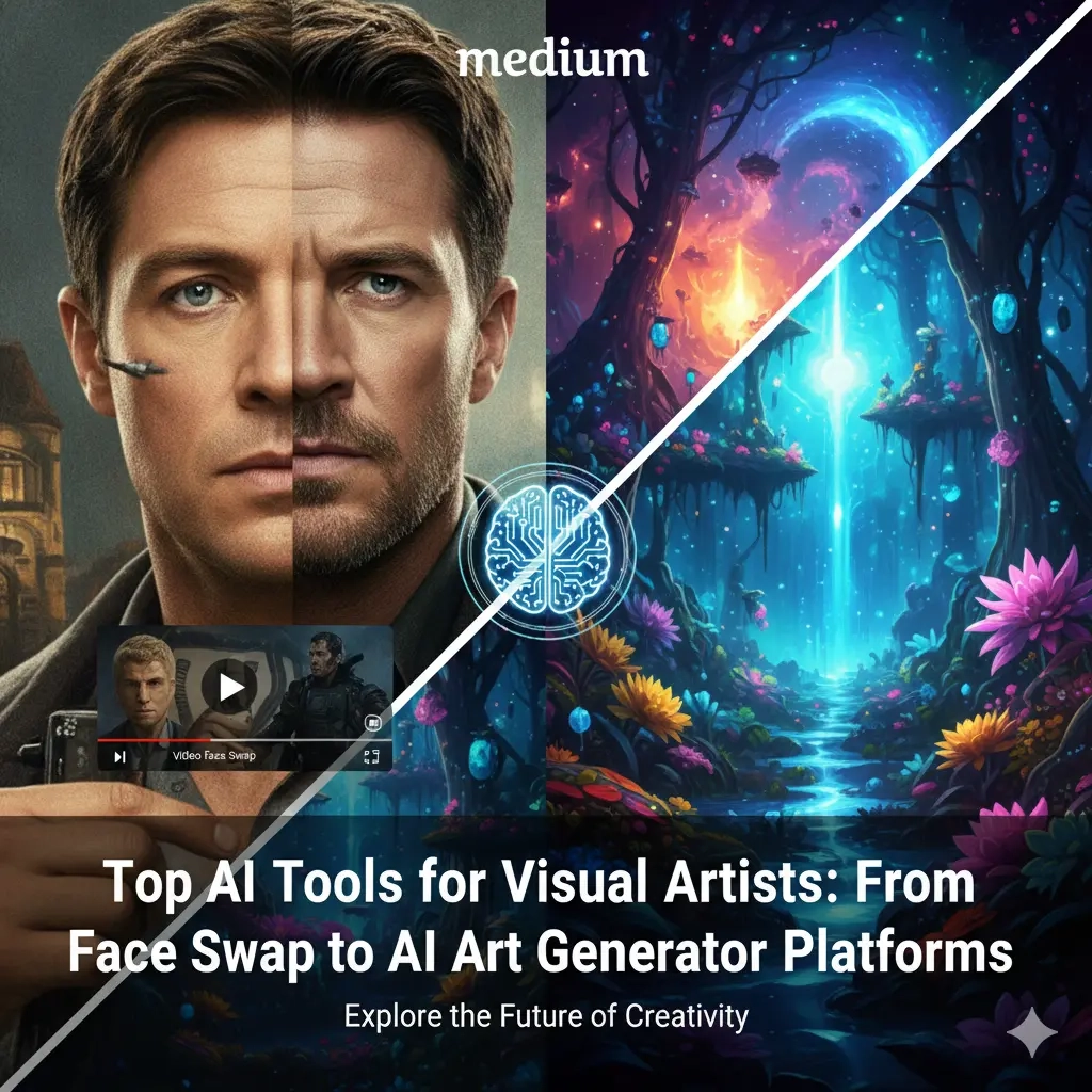 A visual collage showcasing the power of AI for artists, with a seamless AI face swap on one side and a stunning landscape created by an AI art generator on the other